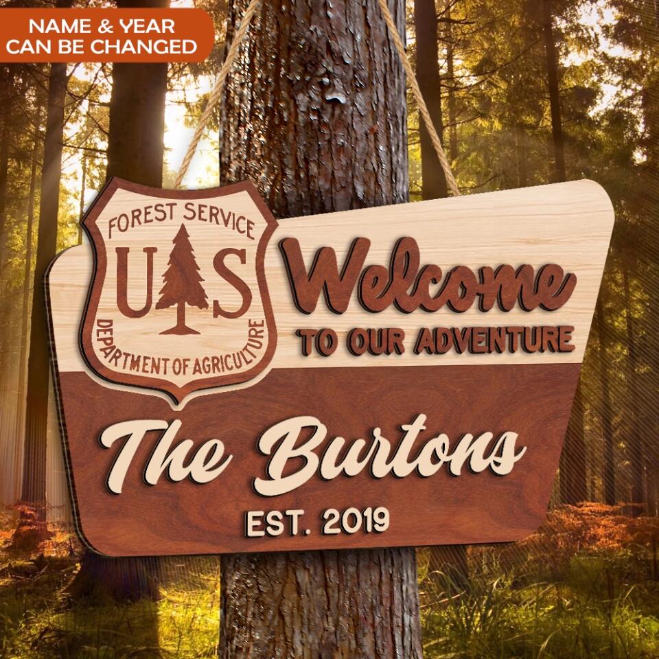 NFS Welcome To Our Adventure - Personalized 2 Layer Sign, Gift For Camper