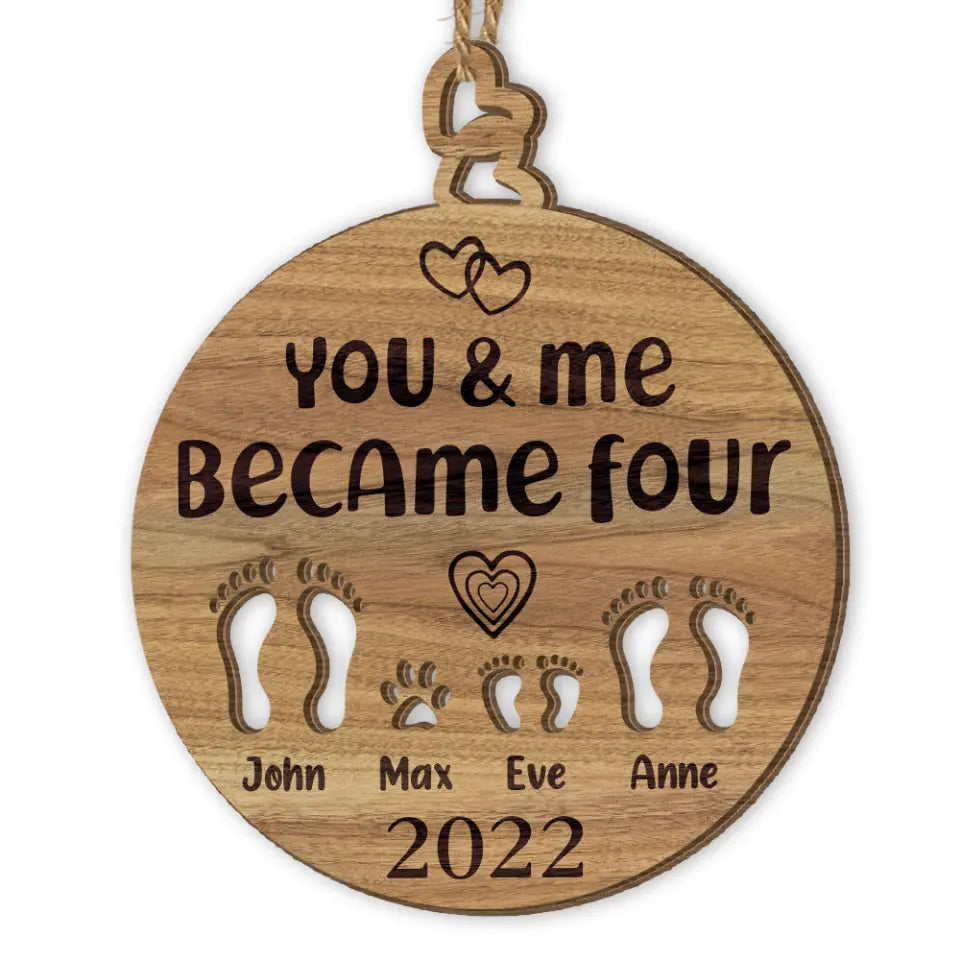 You and me became three. custom new baby ornament 2022. First Baby Ornament. First baby ornament. Family ornament
