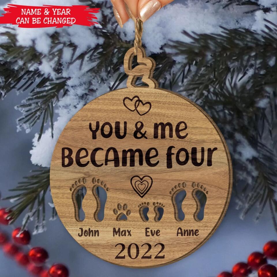 You and me became three. custom new baby ornament 2022. First Baby Ornament. First baby ornament. Family ornament
