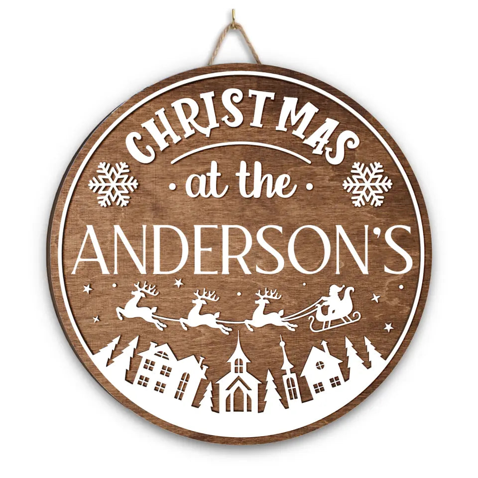 Christmas At The Family - Personalized Wooden Door Sign, Christmas Gift For Family