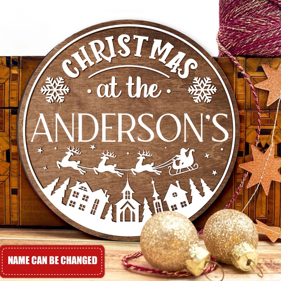 Christmas At The Family - Personalized Wooden Door Sign, Christmas Gift For Family