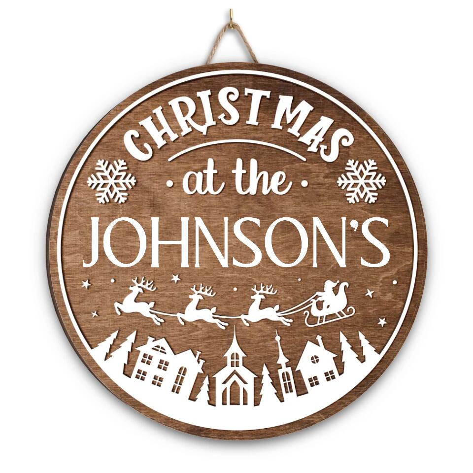 Christmas At The Family - Personalized Wooden Door Sign, Christmas Gift For Family