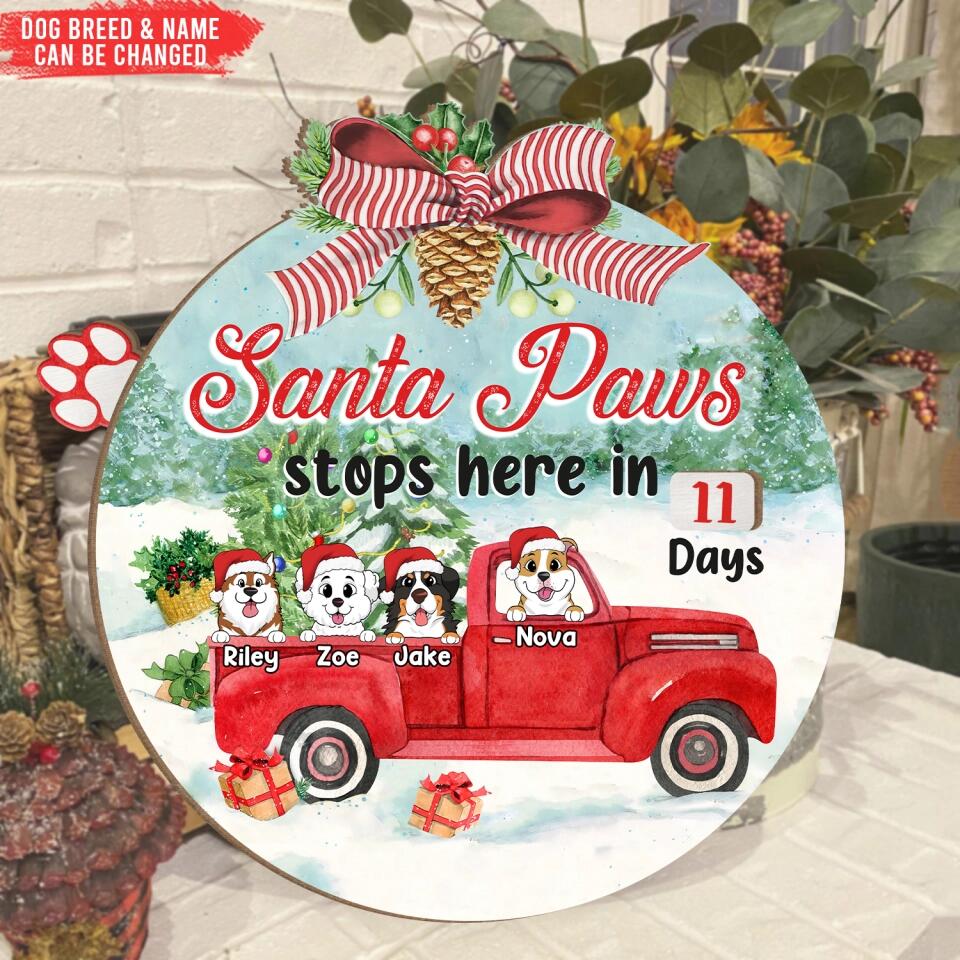 Santa Paws Stop Here - Personalized Advent Calendar Wooden Sign, Christmas Countdown Sign