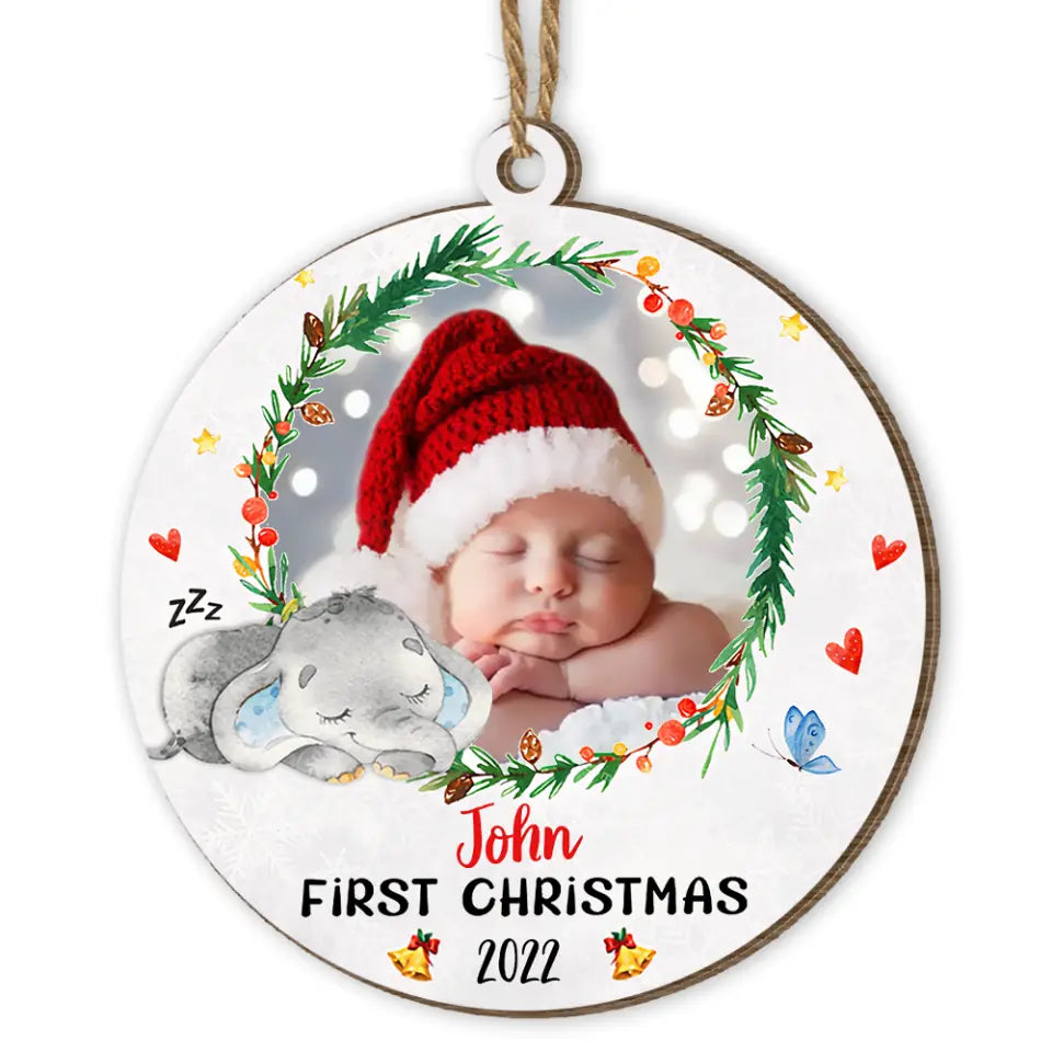 Baby Elephant First Christmas Circle Ornament - Personalized Ornament