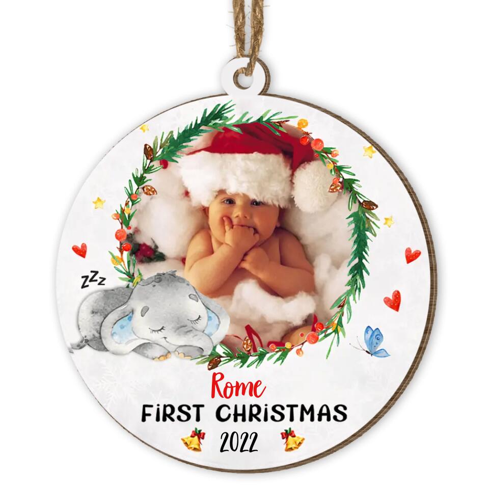 Baby Elephant First Christmas Circle Ornament - Personalized Ornament