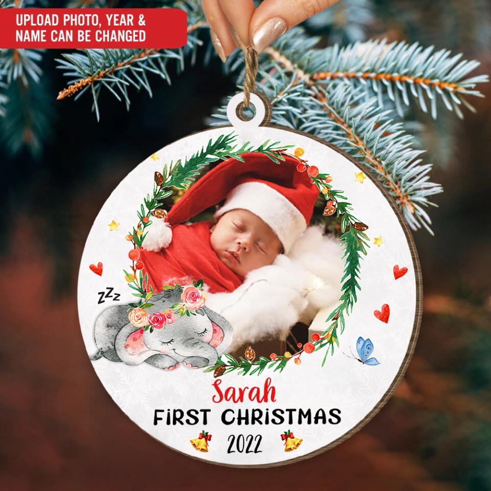 Baby Elephant First Christmas Circle Ornament - Personalized Ornament