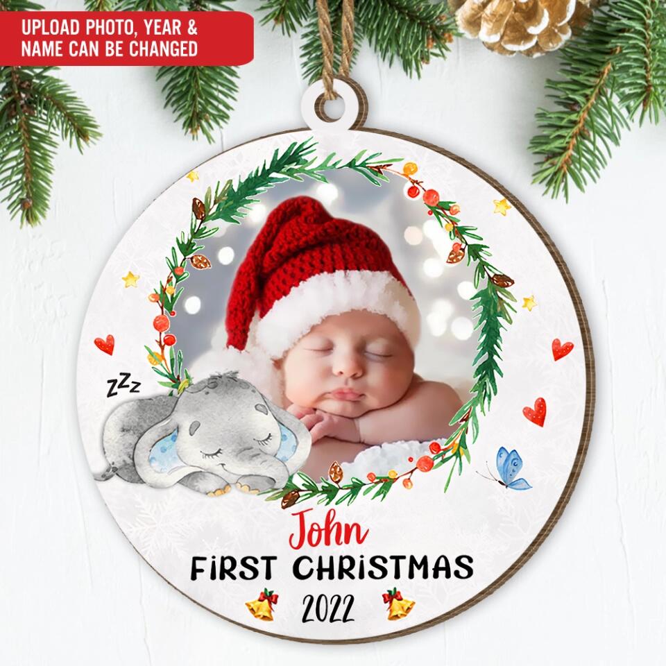 Baby Elephant First Christmas Circle Ornament - Personalized Ornament