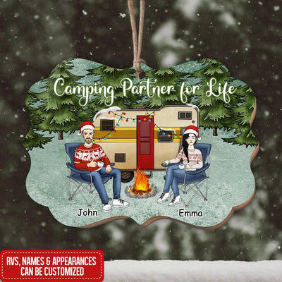 Camping Partners for Life, Camper Christmas Tree Ornament - Personalized Wooden Ornament