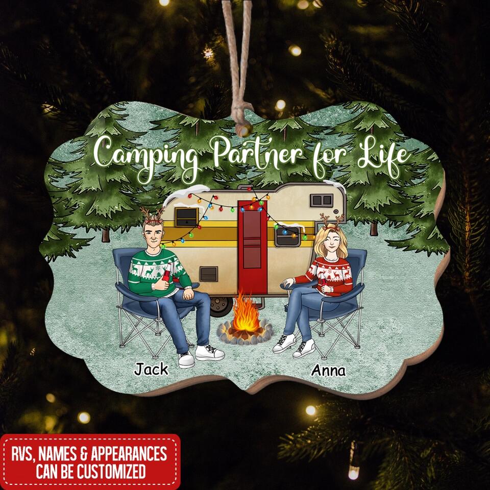 Camping Partners for Life, Camper Christmas Tree Ornament - Personalized Wooden Ornament