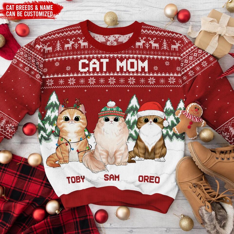 Cat Mom & Cat Dad Christmas - Personalized Wool Sweater, All-Over-Print Sweater - Gift For Cat Lovers, Pet Lovers, Christmas Gift