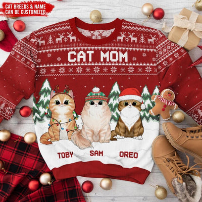 Cat Mom & Cat Dad Christmas - Personalized Wool Sweater, All-Over-Print Sweater - Gift For Cat Lovers, Pet Lovers, Christmas Gift