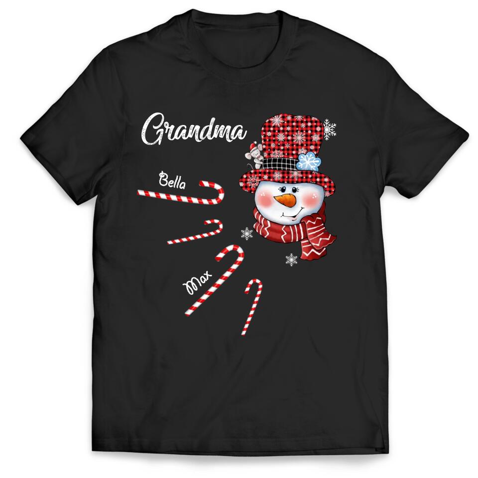 Personalized Nana Snowman Candy Cane Shirt With Grandkids Name, Grandma Nana Christmas Shirt, Custom Nana With Grandkids Name Shirt