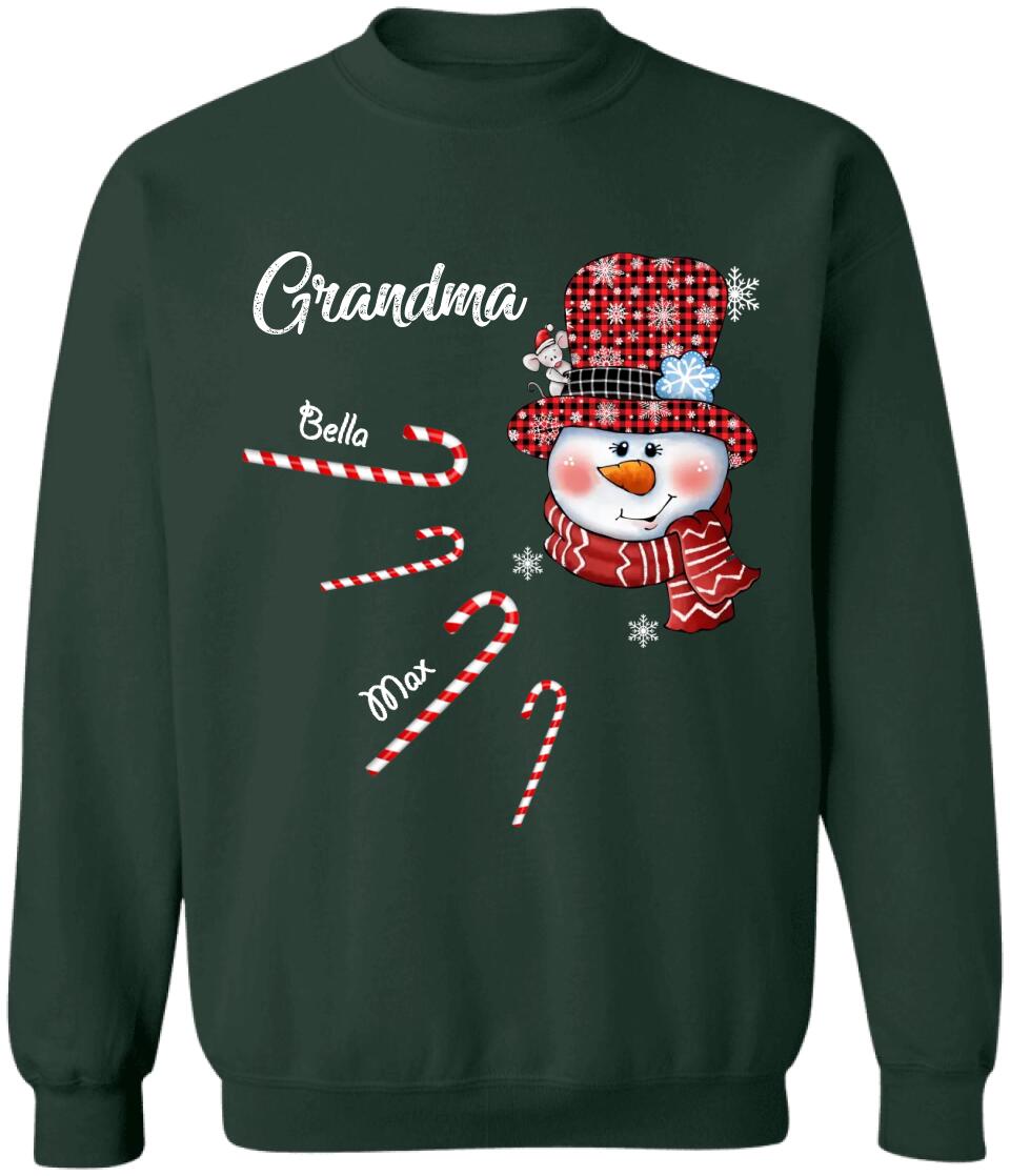 Personalized Nana Snowman Candy Cane Shirt With Grandkids Name, Grandma Nana Christmas Shirt, Custom Nana With Grandkids Name Shirt