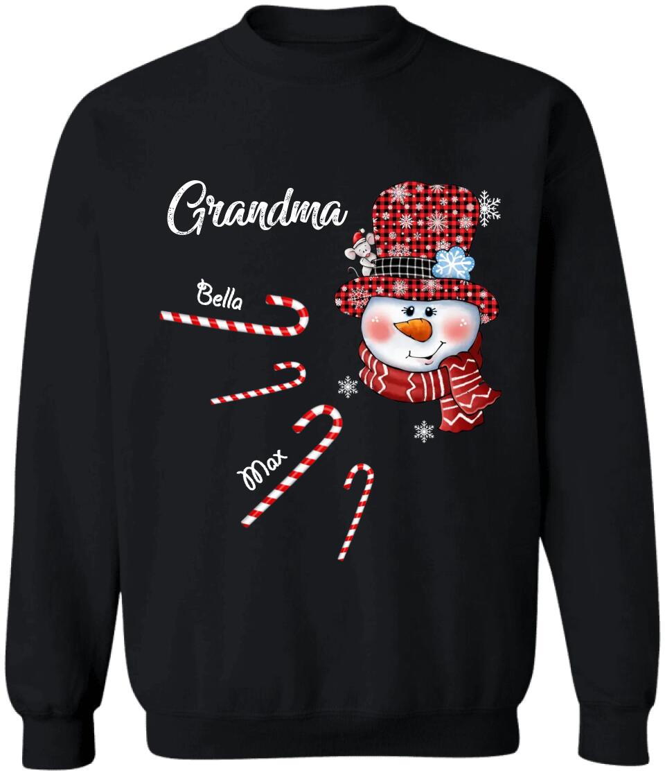 Personalized Nana Snowman Candy Cane Shirt With Grandkids Name, Grandma Nana Christmas Shirt, Custom Nana With Grandkids Name Shirt
