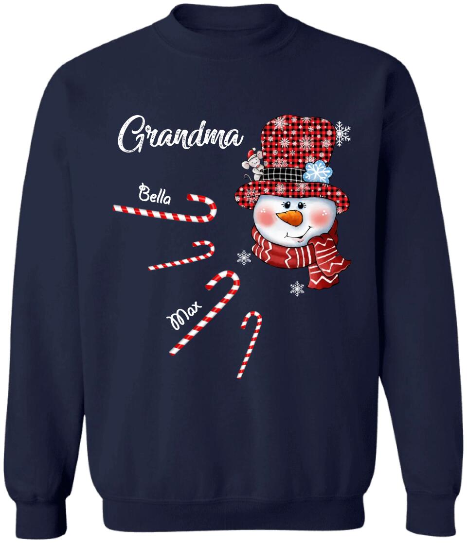 Personalized Nana Snowman Candy Cane Shirt With Grandkids Name, Grandma Nana Christmas Shirt, Custom Nana With Grandkids Name Shirt