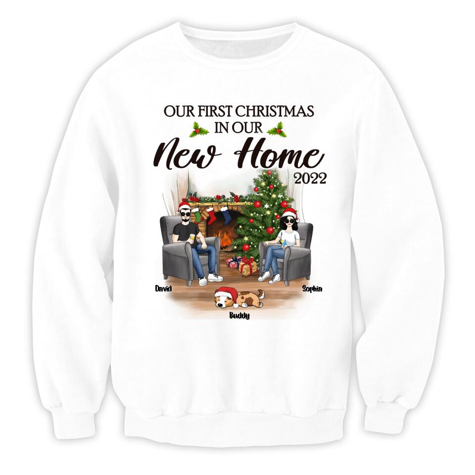 Personalized Our First Christmas In Our New Home 2022 Newlywed Couple Dog Mom Christmas Custom T-Shirt
