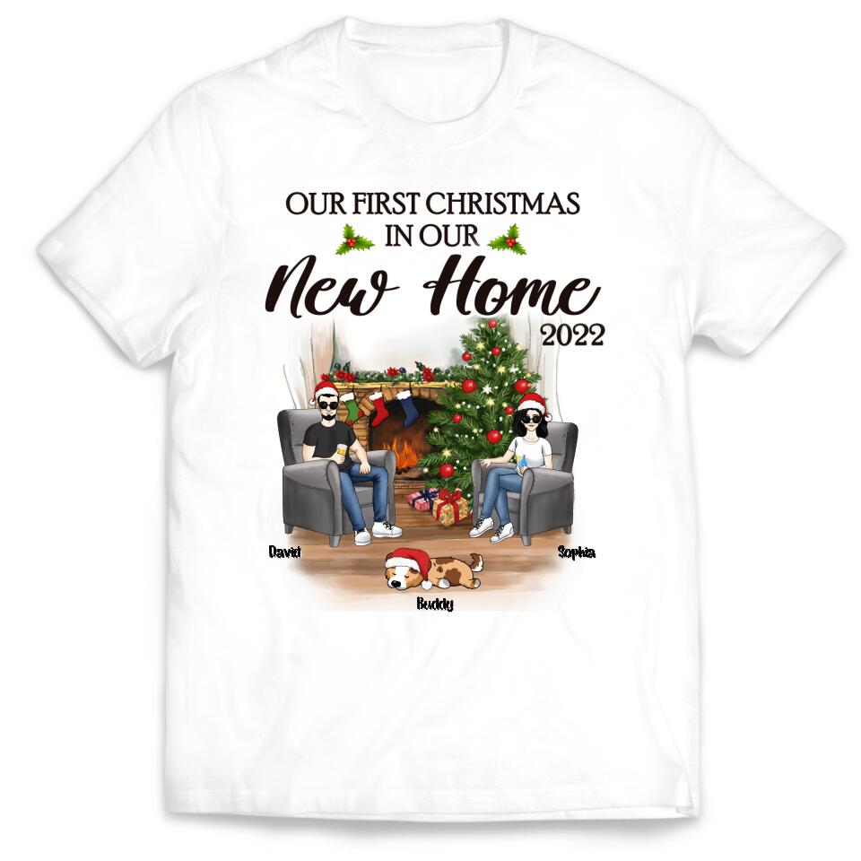 Personalized Our First Christmas In Our New Home 2022 Newlywed Couple Dog Mom Christmas Custom T-Shirt