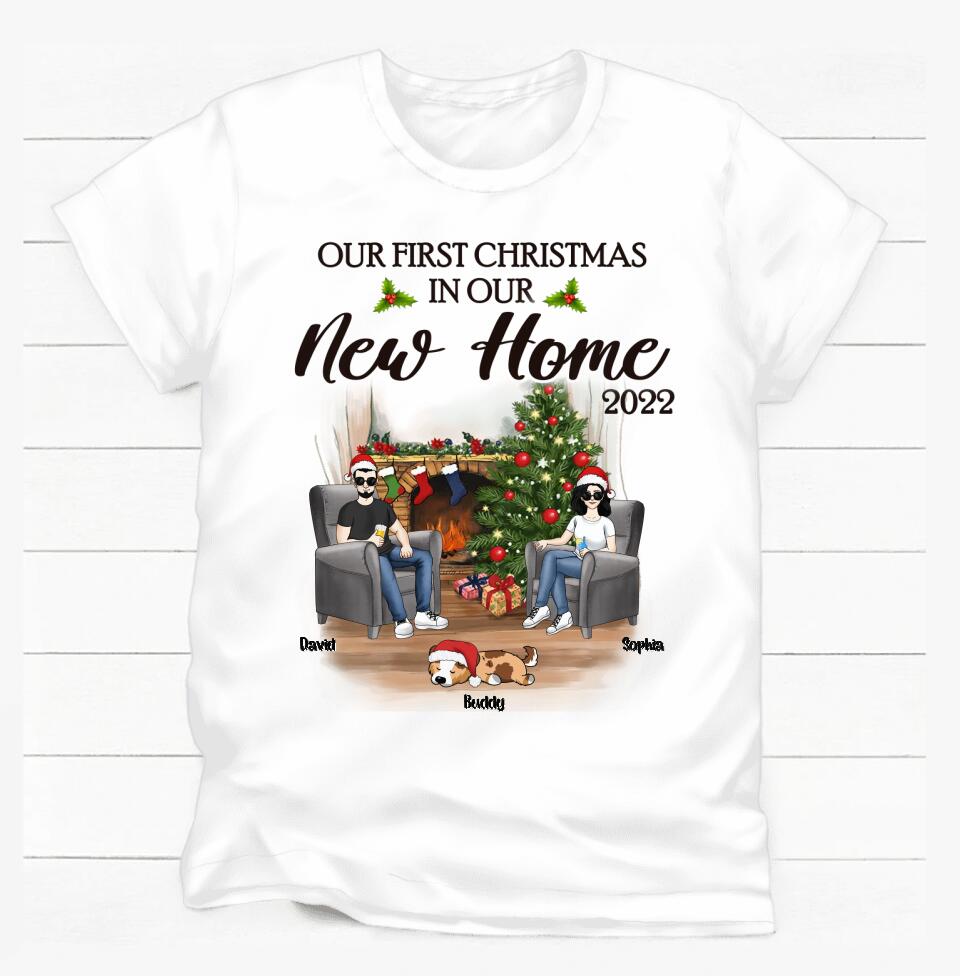 Personalized Our First Christmas In Our New Home 2022 Newlywed Couple Dog Mom Christmas Custom T-Shirt