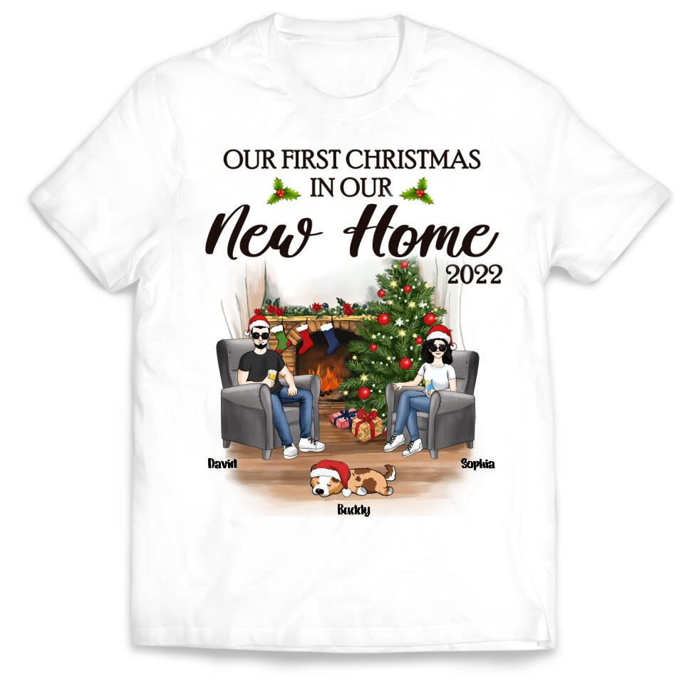 Personalized Our First Christmas In Our New Home 2022 Newlywed Couple Dog Mom Christmas Custom T-Shirt