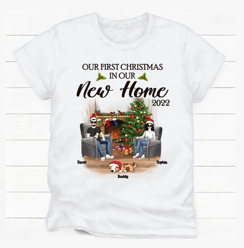Personalized Our First Christmas In Our New Home 2022 Newlywed Couple Dog Mom Christmas Custom T-Shirt