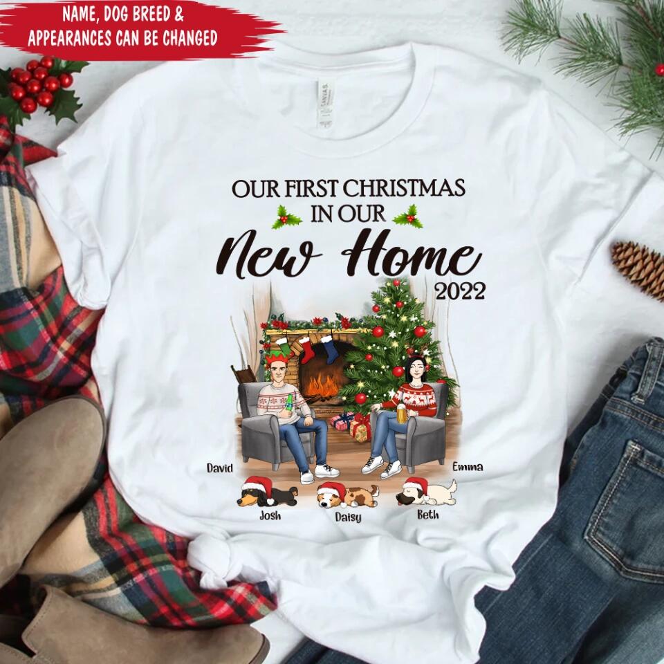 Personalized Our First Christmas In Our New Home 2022 Newlywed Couple Dog Mom Christmas Custom T-Shirt