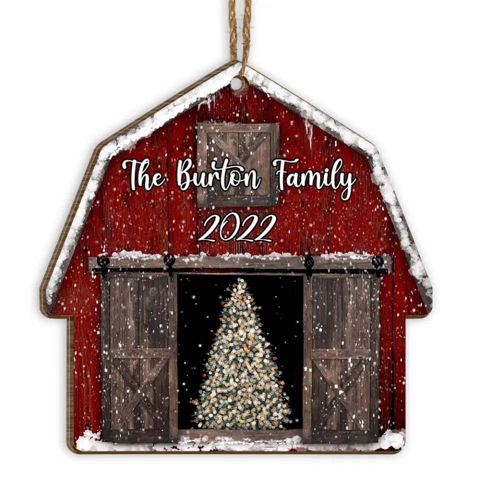 Red Barn, Farmhouse Christmas - Personalized Wooden Ornament, Gift for Family