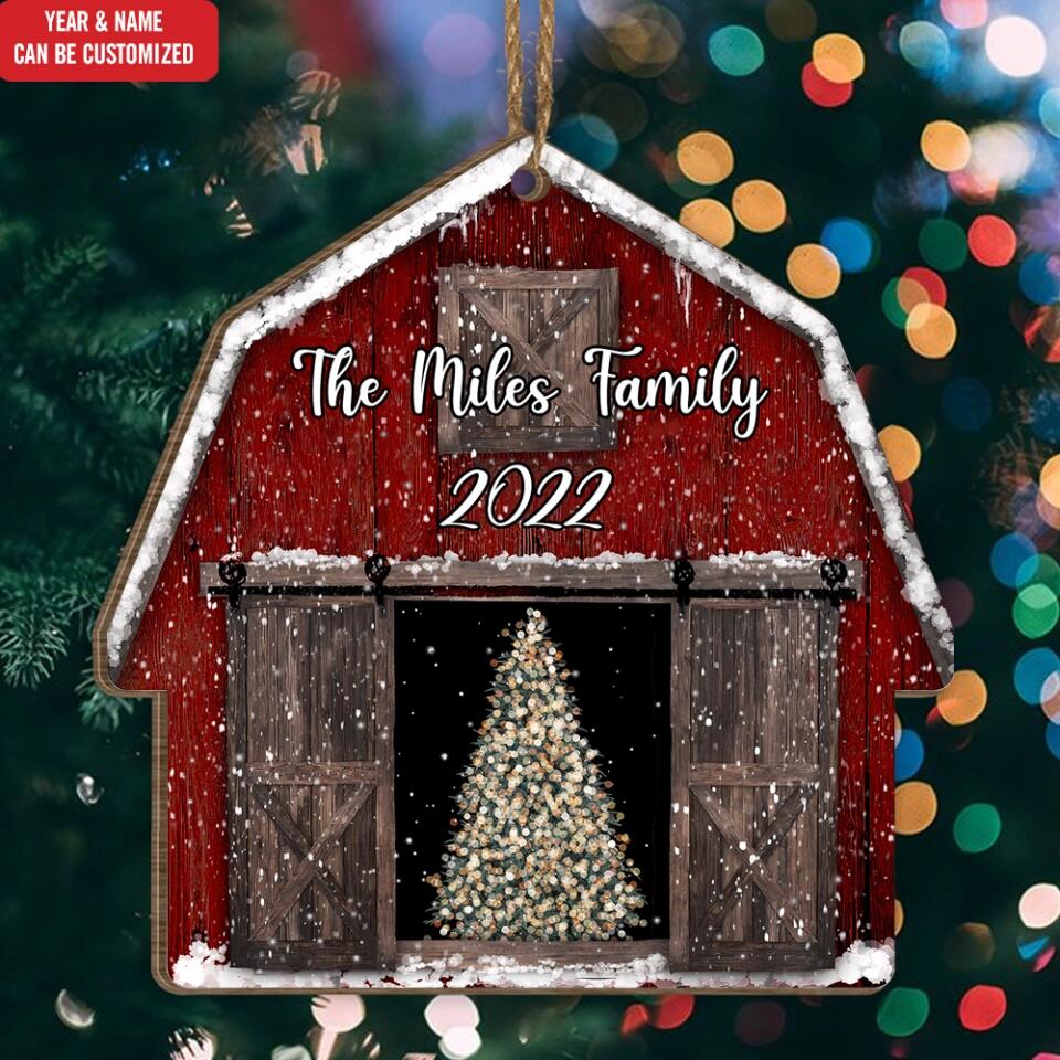 Red Barn, Farmhouse Christmas - Personalized Wooden Ornament, Gift for Family