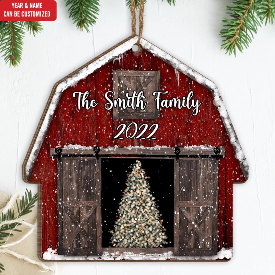 Red Barn, Farmhouse Christmas - Personalized Wooden Ornament, Gift for Family