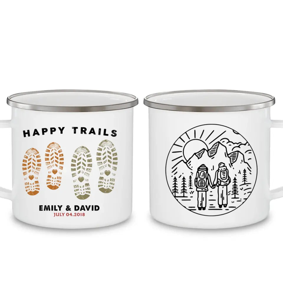 Happy Trails, Adventure Awaits - Personalized Camping Mug, Hking Gift, Couple Hiking