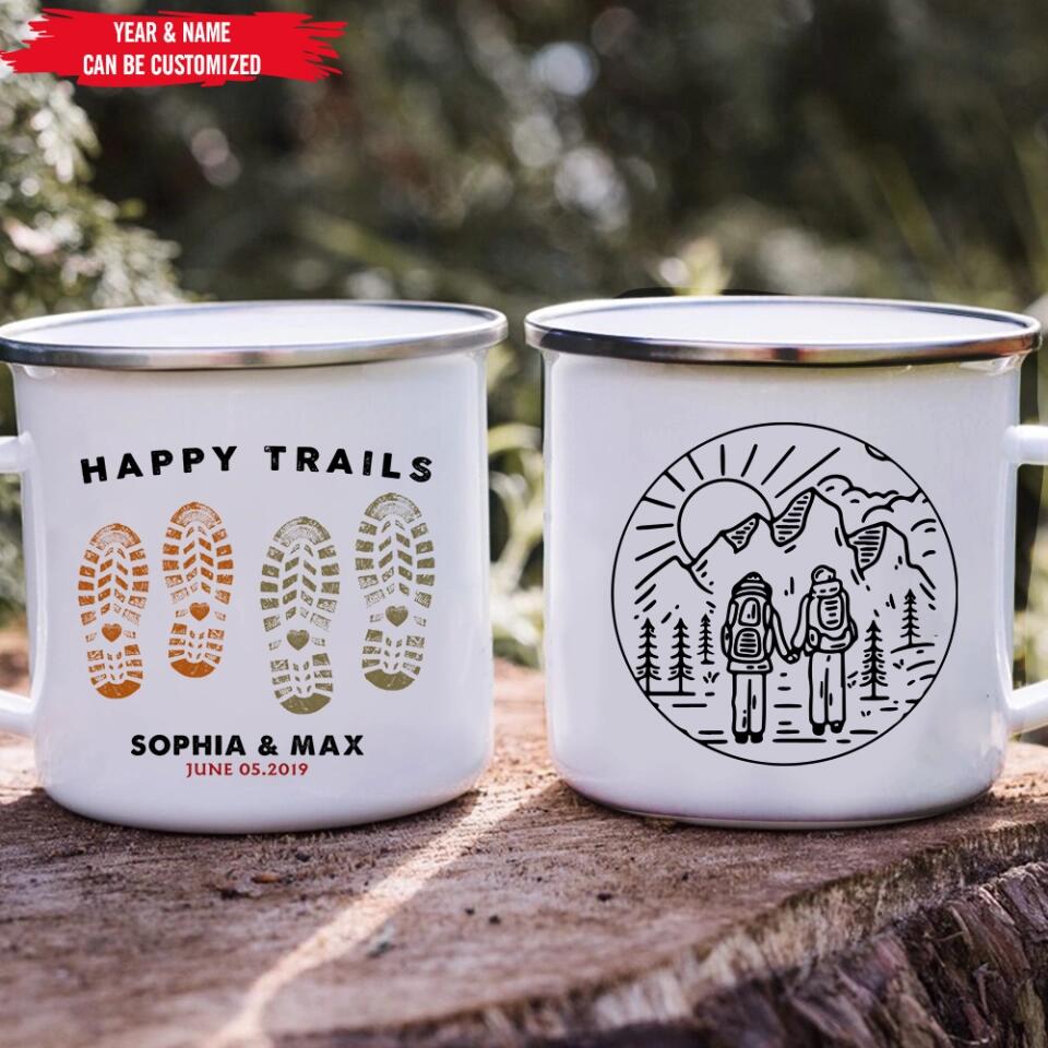 Happy Trails, Adventure Awaits - Personalized Camping Mug, Hking Gift, Couple Hiking