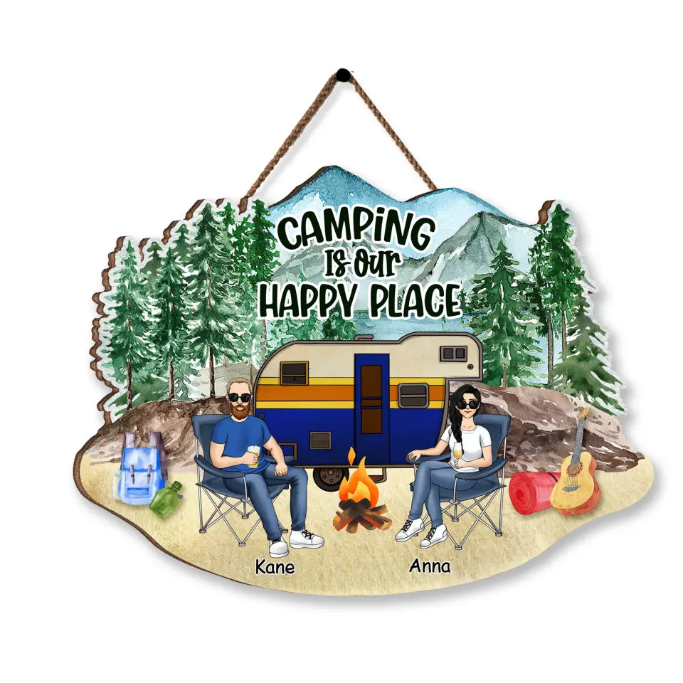 Camping Is Our Happy Place - Personalized Camping Couple Wood Sign - Camper Life - Valentines Day Gift - Camping Gift - Gift For Camping Lovers