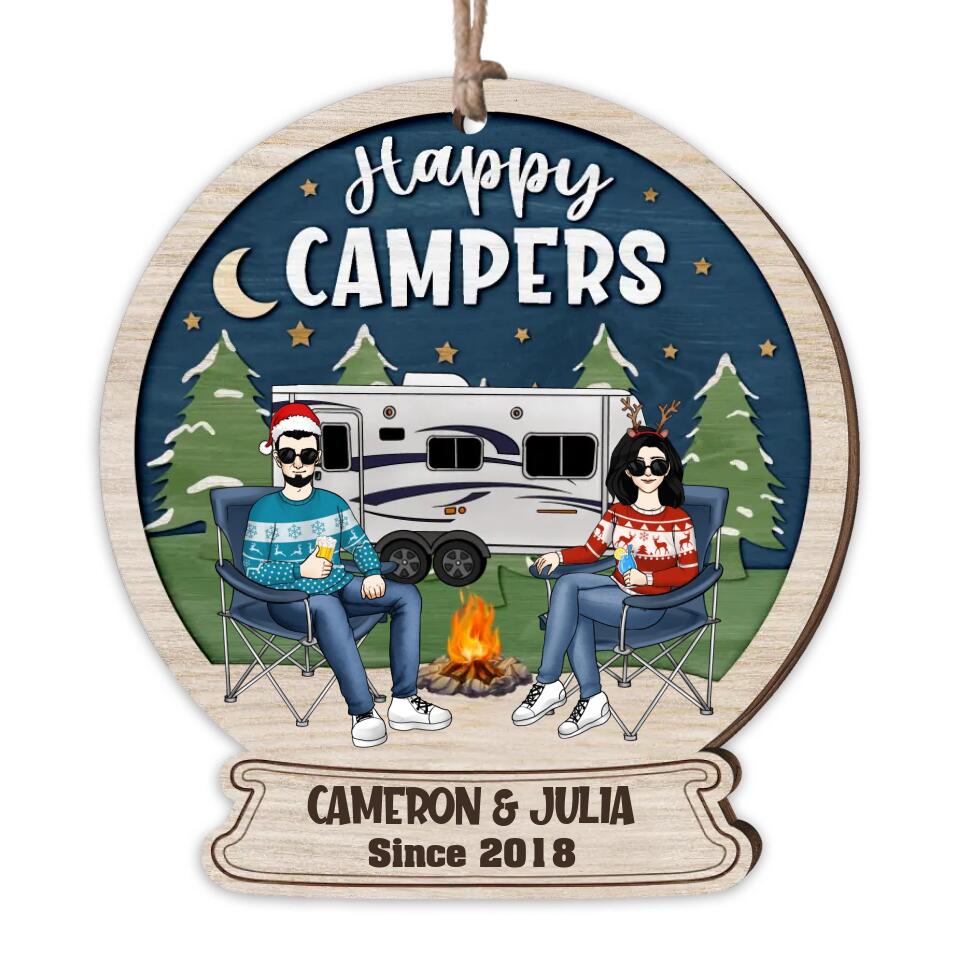 Happy Campers - Personalized Wooden Ornament, Christmas Gift For Couple Camping Lovers