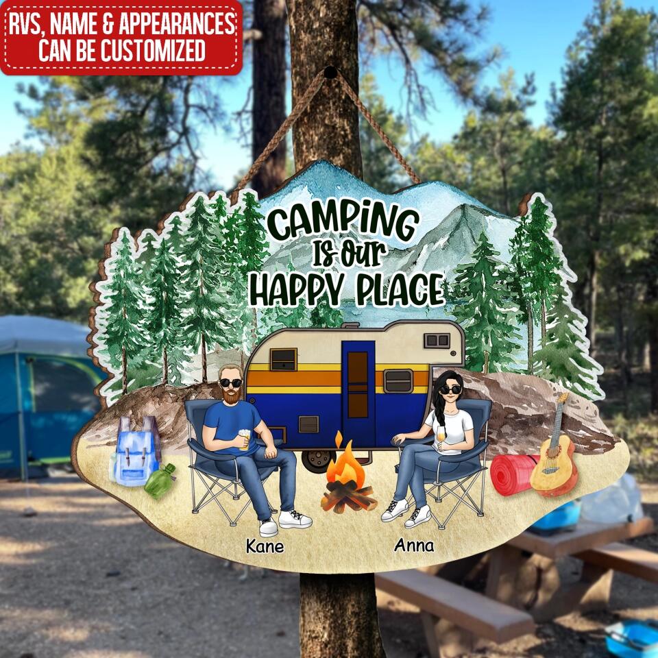 Camping Is Our Happy Place - Personalized Camping Couple Wood Sign - Camper Life - Valentines Day Gift - Camping Gift - Gift For Camping Lovers