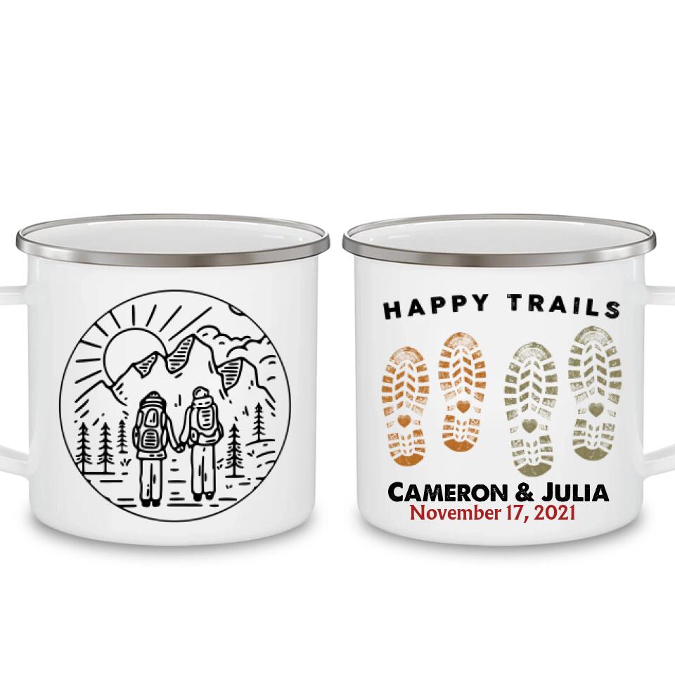 Happy Trails, Adventure Awaits - Personalized Camping Mug, Hking Gift, Couple Hiking
