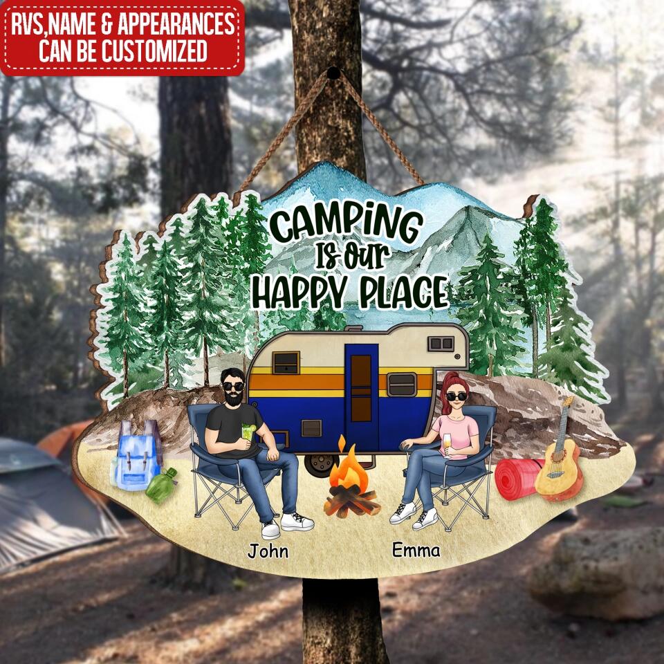 Camping Is Our Happy Place - Personalized Camping Couple Wood Sign - Camper Life - Valentines Day Gift - Camping Gift - Gift For Camping Lovers