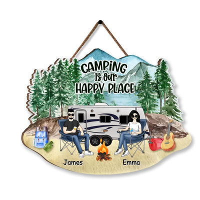 Camping Is Our Happy Place - Personalized Camping Couple Wood Sign - Camper Life - Valentines Day Gift - Camping Gift - Gift For Camping Lovers