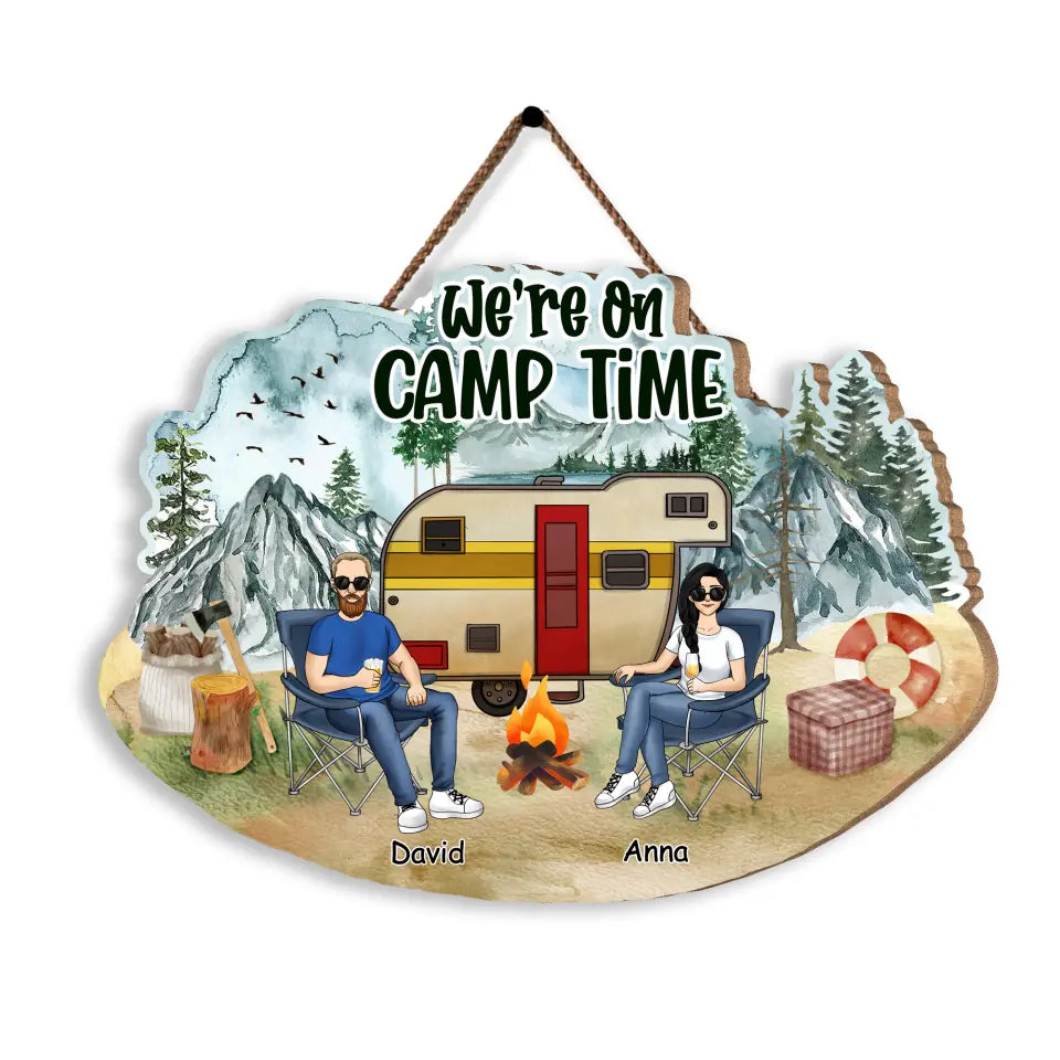 We&#39;re On Camp Time - Personalized Camping Couple Wood Sign - Camper Life - Valentines Day Gift - Camping Gift - Gift For Camping Lovers