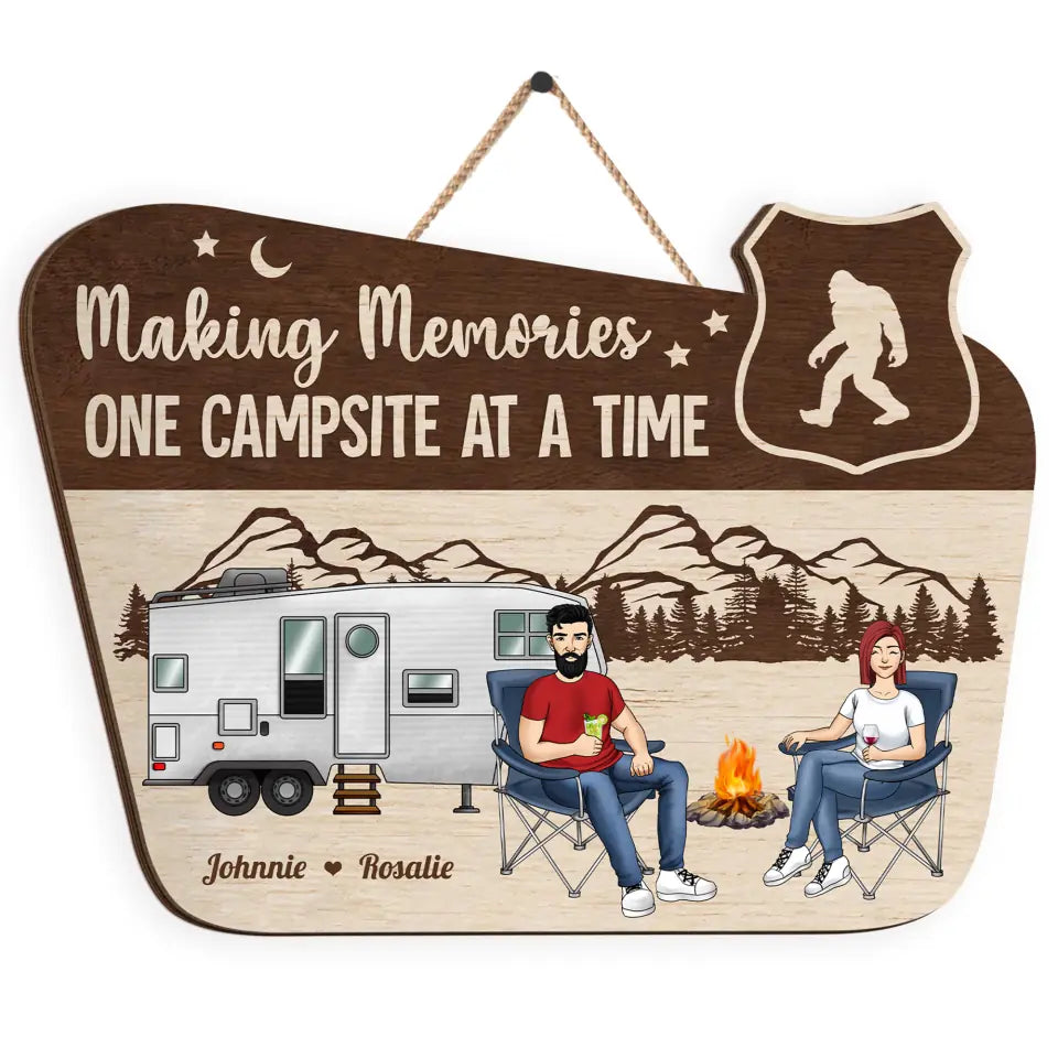 Making Memories One Campsite At A Time - Personalized Wooden Door Sign, Gift For Camper, Couple Adventure