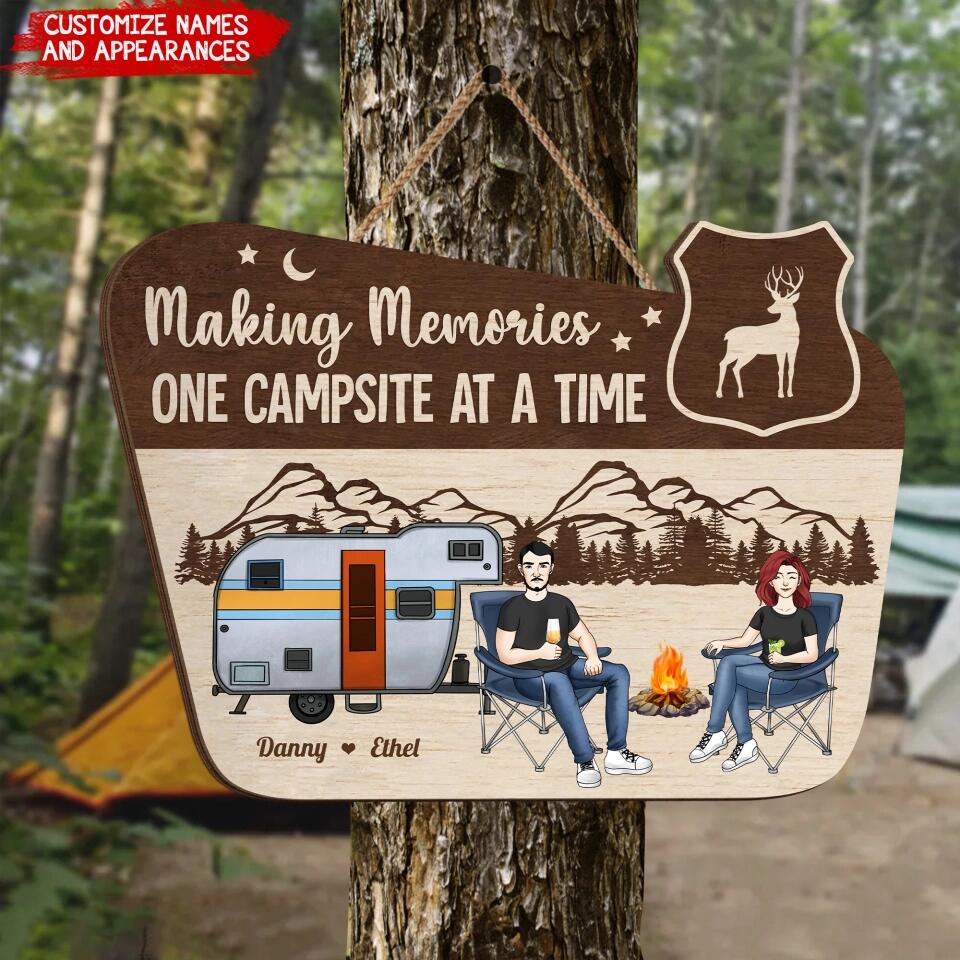 Making Memories One Campsite At A Time - Personalized Wooden Door Sign, Gift For Camper, Couple Adventure