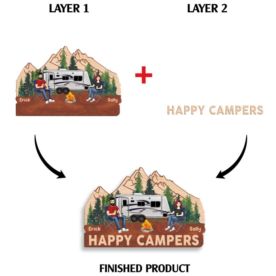Happy Campers - Personalized Camping 2 Layer Sign - Camping Sign - Camping Decoration - Personalized Couple Camping Sign