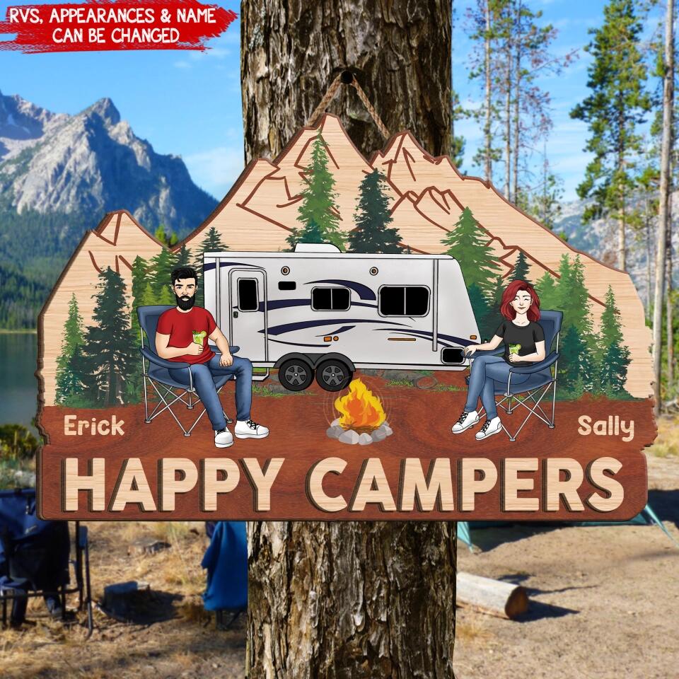 Happy Campers - Personalized Camping 2 Layer Sign - Camping Sign - Camping Decoration - Personalized Couple Camping Sign