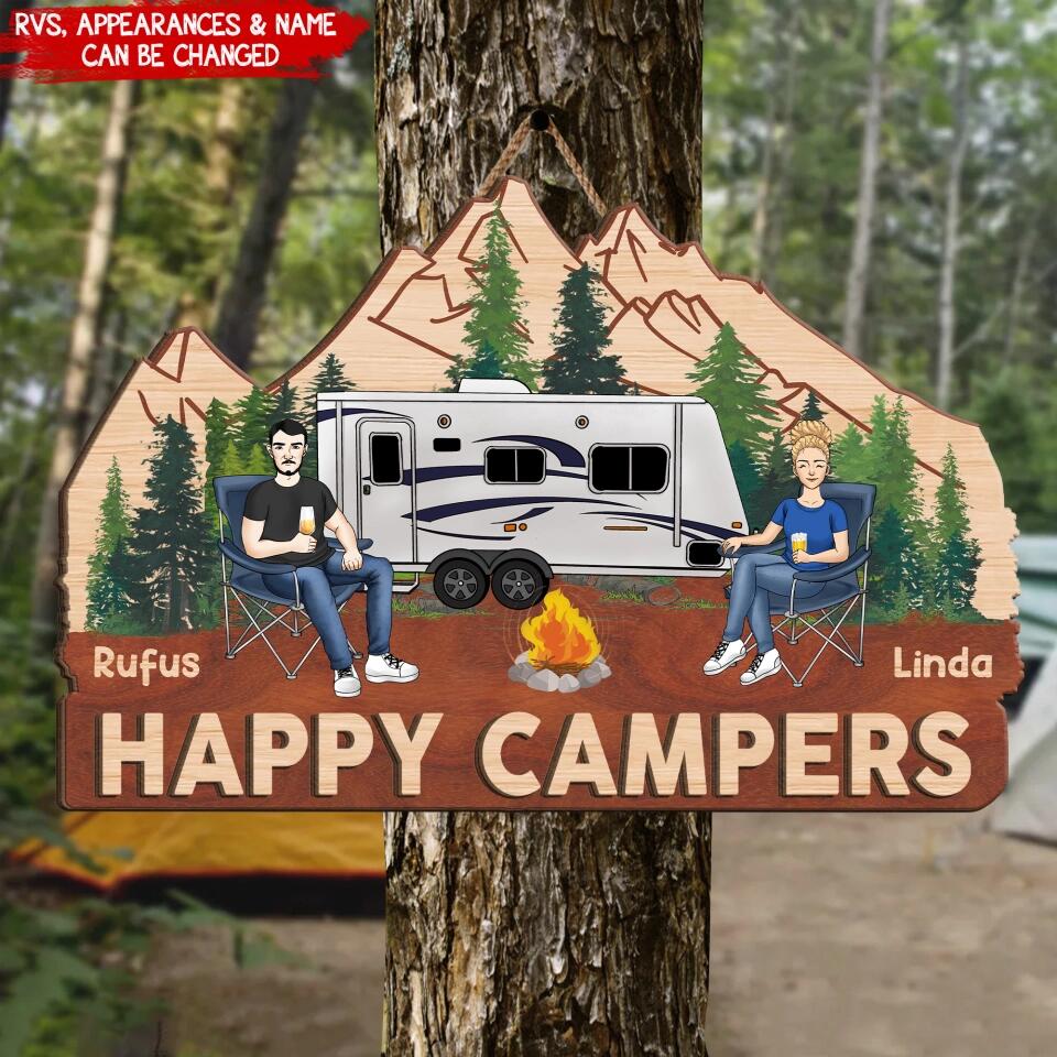 Happy Campers - Personalized Camping 2 Layer Sign - Camping Sign - Camping Decoration - Personalized Couple Camping Sign
