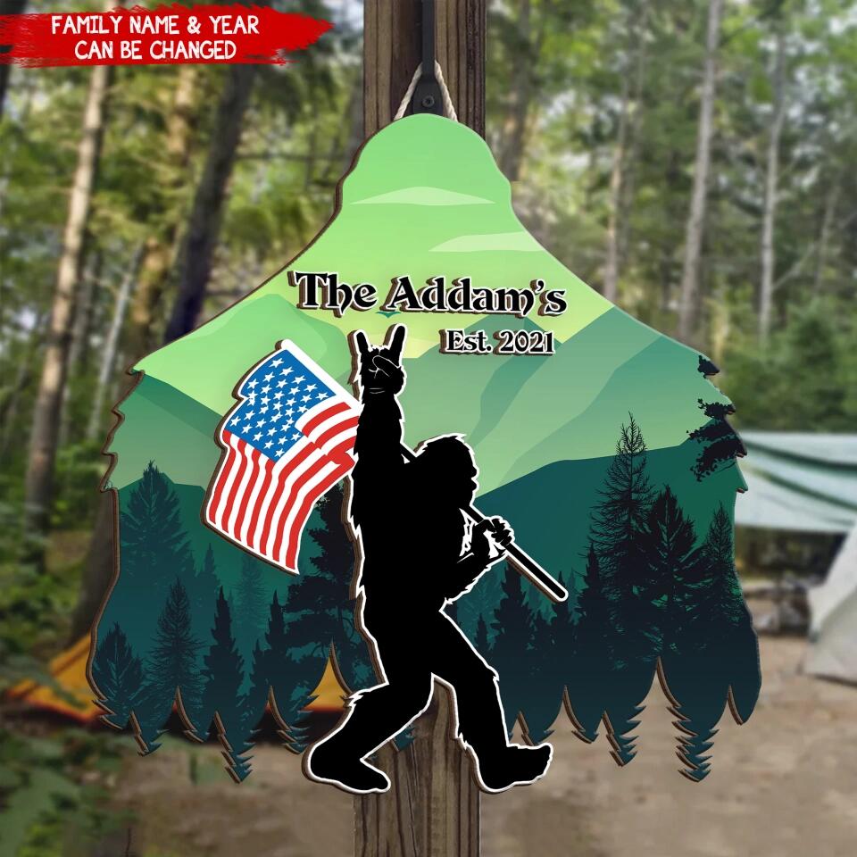 Bigfoot DoorSign, Gift For Camping Lover - Personalized Wooden 2 Layer