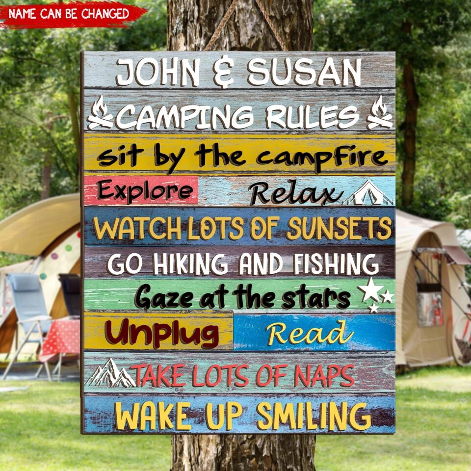 Camping Rules Sit By The Campfire - Personalized Wooden Sign 2 Layer