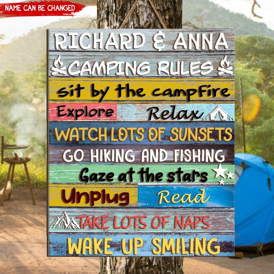 Camping Rules Sit By The Campfire - Personalized Wooden Sign 2 Layer