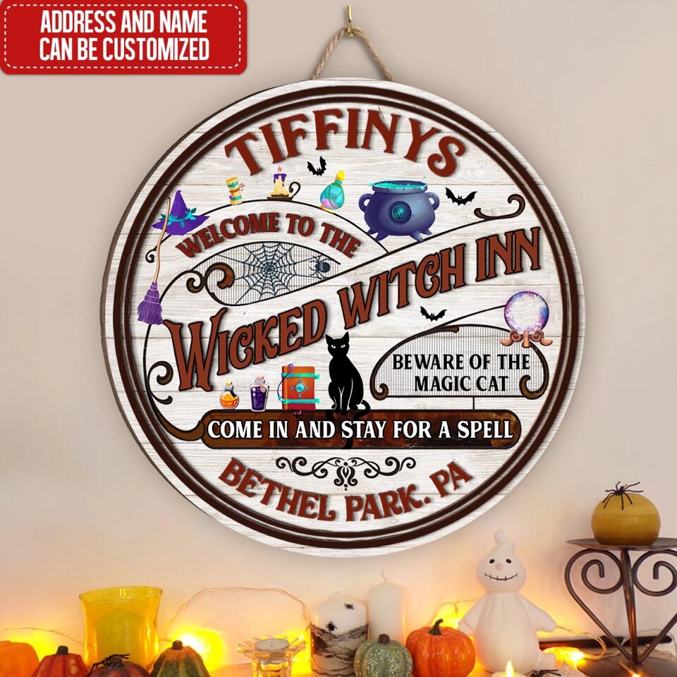 Witch Inn Black Cat Stay For A Spell Custom Wood Circle Sign, Witch Decor, Witchy, Goth, Witch Sign, Halloween Sign, Halloween Gift - Personalized 2 Layer Sign