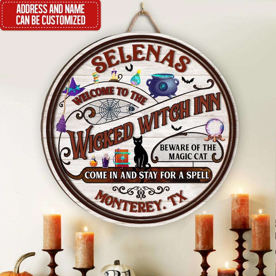 Witch Inn Black Cat Stay For A Spell Custom Wood Circle Sign, Witch Decor, Witchy, Goth, Witch Sign, Halloween Sign, Halloween Gift - Personalized 2 Layer Sign