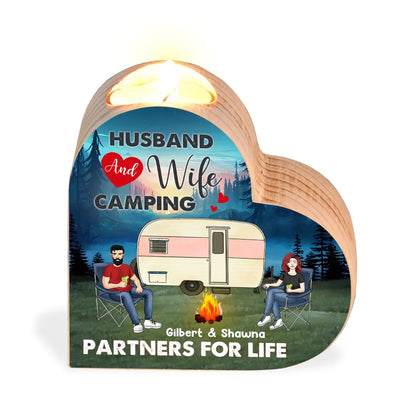 Husband And Wife Camping Partners For Life - Personalized Heart Shaped Candle Holder, Gift For Camping Lover