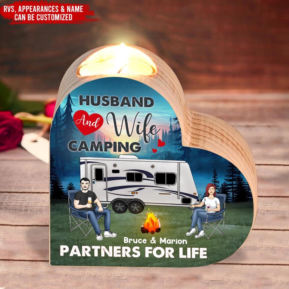 Husband And Wife Camping Partners For Life - Personalized Heart Shaped Candle Holder, Gift For Camping Lover