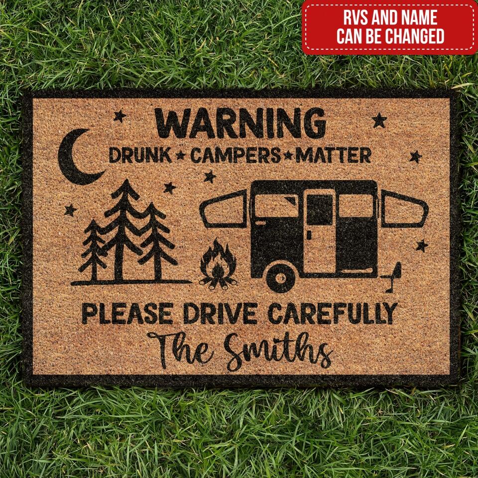 Warning Please Drive Carefully - Personalized DoorMat, Gift For Camping Lover